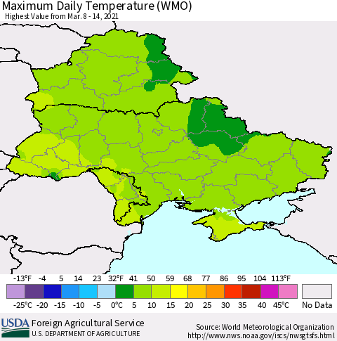 Ukraine, Moldova and Belarus Maximum Daily Temperature (WMO) Thematic Map For 3/8/2021 - 3/14/2021
