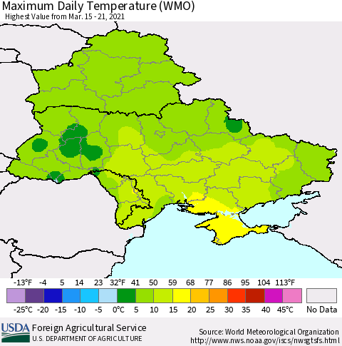 Ukraine, Moldova and Belarus Extreme Maximum Temperature (WMO) Thematic Map For 3/15/2021 - 3/21/2021
