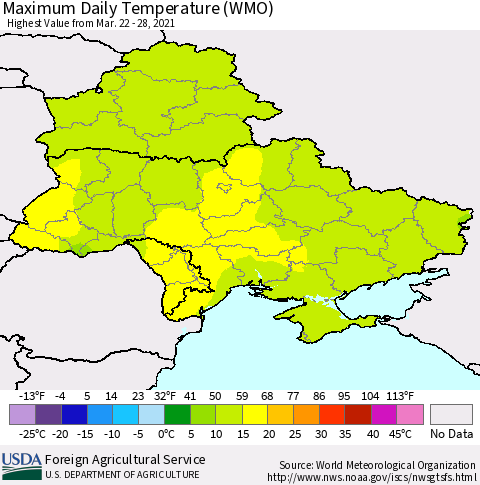 Ukraine, Moldova and Belarus Maximum Daily Temperature (WMO) Thematic Map For 3/22/2021 - 3/28/2021