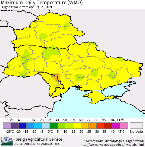 Ukraine, Moldova and Belarus Extreme Maximum Temperature (WMO) Thematic Map For 4/19/2021 - 4/25/2021