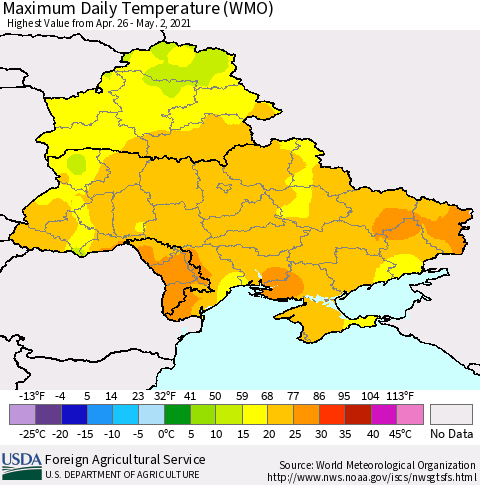 Ukraine, Moldova and Belarus Extreme Maximum Temperature (WMO) Thematic Map For 4/26/2021 - 5/2/2021