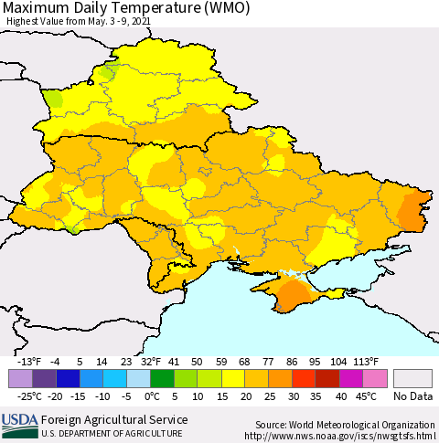 Ukraine, Moldova and Belarus Maximum Daily Temperature (WMO) Thematic Map For 5/3/2021 - 5/9/2021