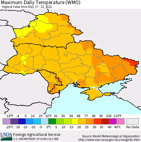 Ukraine, Moldova and Belarus Maximum Daily Temperature (WMO) Thematic Map For 5/17/2021 - 5/23/2021