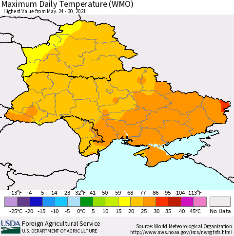 Ukraine, Moldova and Belarus Maximum Daily Temperature (WMO) Thematic Map For 5/24/2021 - 5/30/2021