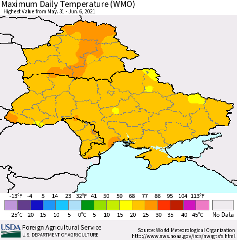 Ukraine, Moldova and Belarus Extreme Maximum Temperature (WMO) Thematic Map For 5/31/2021 - 6/6/2021
