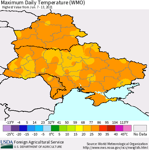 Ukraine, Moldova and Belarus Maximum Daily Temperature (WMO) Thematic Map For 6/7/2021 - 6/13/2021