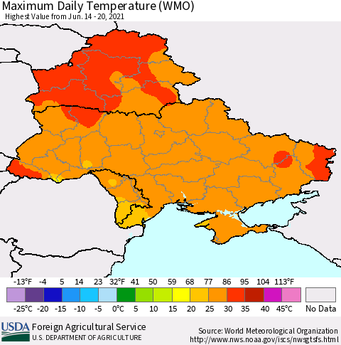 Ukraine, Moldova and Belarus Maximum Daily Temperature (WMO) Thematic Map For 6/14/2021 - 6/20/2021