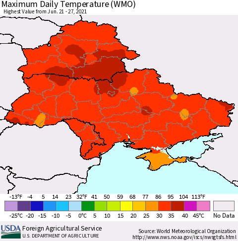 Ukraine, Moldova and Belarus Extreme Maximum Temperature (WMO) Thematic Map For 6/21/2021 - 6/27/2021