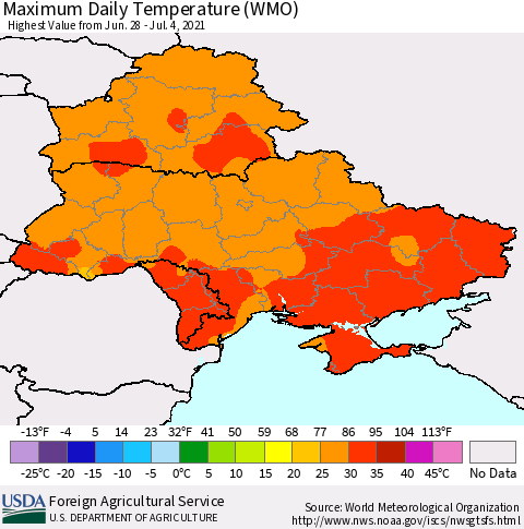 Ukraine, Moldova and Belarus Extreme Maximum Temperature (WMO) Thematic Map For 6/28/2021 - 7/4/2021
