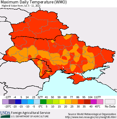 Ukraine, Moldova and Belarus Extreme Maximum Temperature (WMO) Thematic Map For 7/5/2021 - 7/11/2021