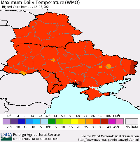 Ukraine, Moldova and Belarus Maximum Daily Temperature (WMO) Thematic Map For 7/12/2021 - 7/18/2021