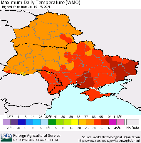 Ukraine, Moldova and Belarus Extreme Maximum Temperature (WMO) Thematic Map For 7/19/2021 - 7/25/2021