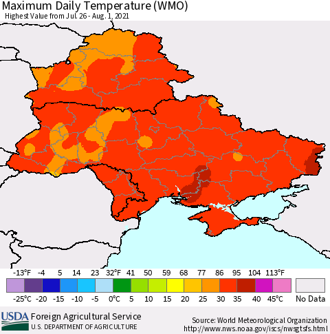 Ukraine, Moldova and Belarus Maximum Daily Temperature (WMO) Thematic Map For 7/26/2021 - 8/1/2021