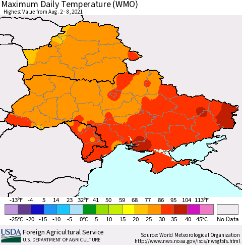 Ukraine, Moldova and Belarus Maximum Daily Temperature (WMO) Thematic Map For 8/2/2021 - 8/8/2021