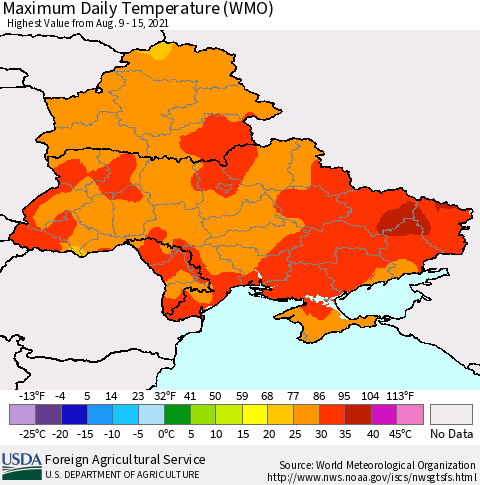 Ukraine, Moldova and Belarus Maximum Daily Temperature (WMO) Thematic Map For 8/9/2021 - 8/15/2021