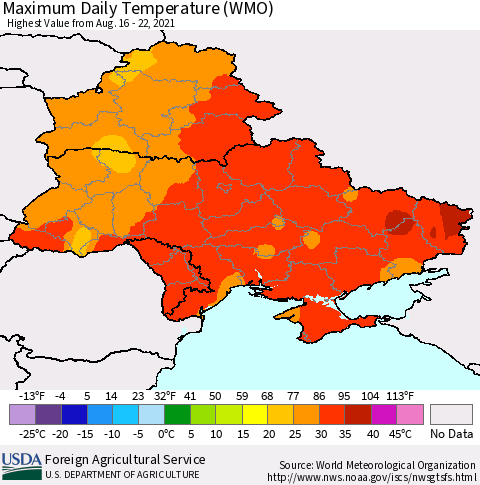 Ukraine, Moldova and Belarus Maximum Daily Temperature (WMO) Thematic Map For 8/16/2021 - 8/22/2021