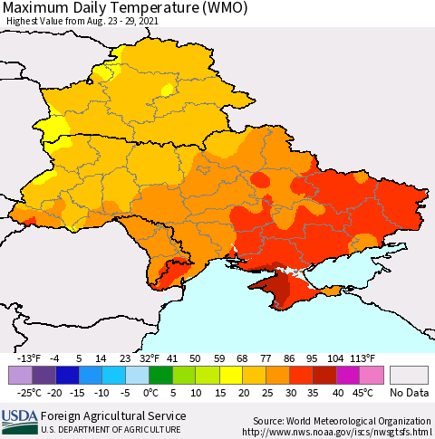Ukraine, Moldova and Belarus Maximum Daily Temperature (WMO) Thematic Map For 8/23/2021 - 8/29/2021