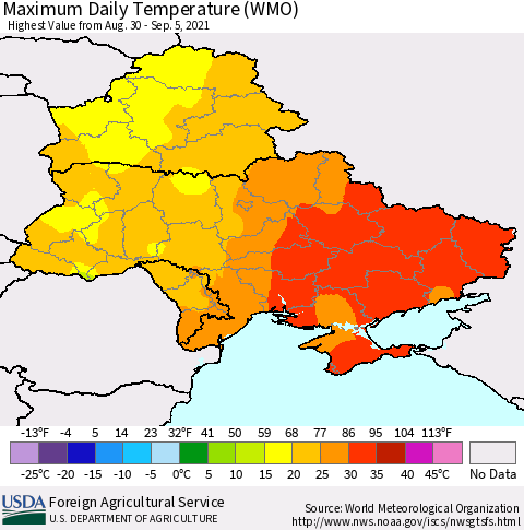 Ukraine, Moldova and Belarus Extreme Maximum Temperature (WMO) Thematic Map For 8/30/2021 - 9/5/2021