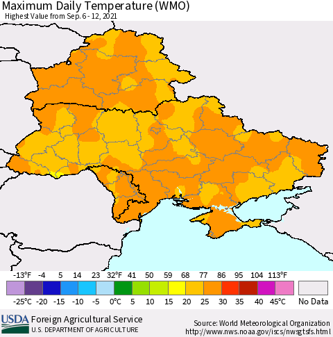 Ukraine, Moldova and Belarus Extreme Maximum Temperature (WMO) Thematic Map For 9/6/2021 - 9/12/2021