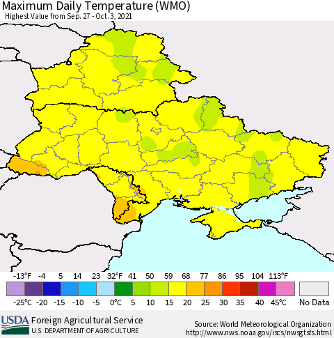 Ukraine, Moldova and Belarus Maximum Daily Temperature (WMO) Thematic Map For 9/27/2021 - 10/3/2021