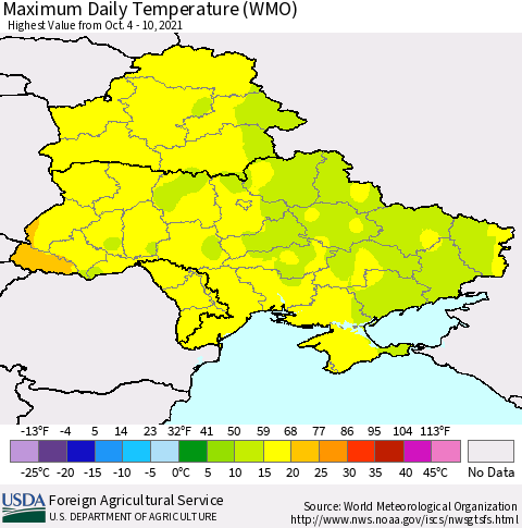 Ukraine, Moldova and Belarus Maximum Daily Temperature (WMO) Thematic Map For 10/4/2021 - 10/10/2021