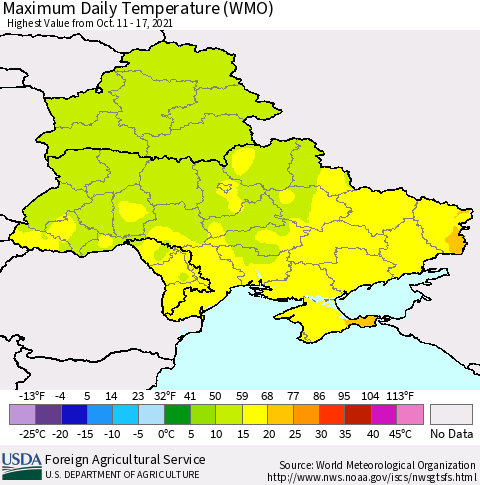 Ukraine, Moldova and Belarus Extreme Maximum Temperature (WMO) Thematic Map For 10/11/2021 - 10/17/2021