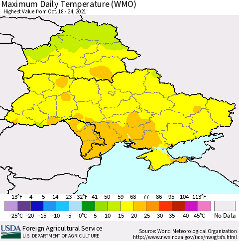 Ukraine, Moldova and Belarus Maximum Daily Temperature (WMO) Thematic Map For 10/18/2021 - 10/24/2021