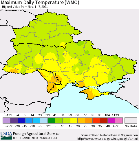 Ukraine, Moldova and Belarus Maximum Daily Temperature (WMO) Thematic Map For 11/1/2021 - 11/7/2021