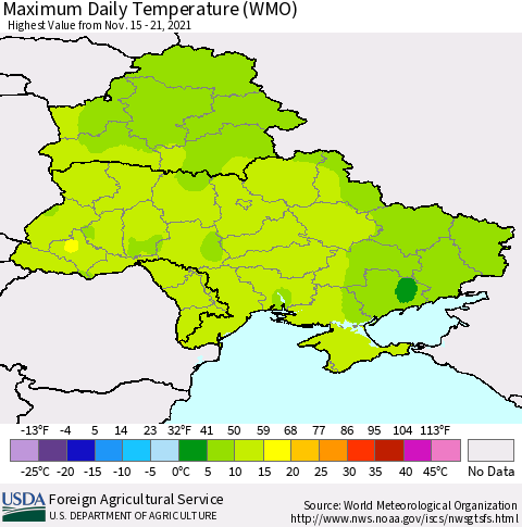 Ukraine, Moldova and Belarus Maximum Daily Temperature (WMO) Thematic Map For 11/15/2021 - 11/21/2021