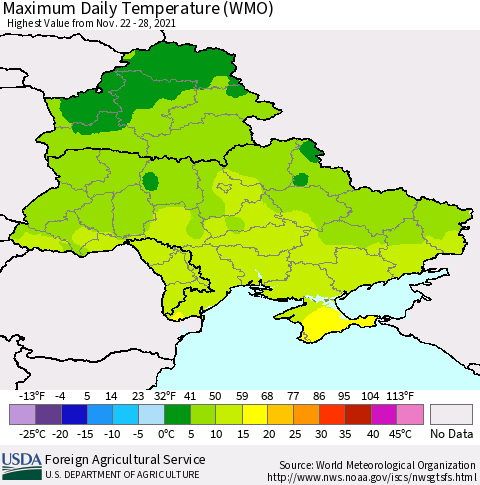 Ukraine, Moldova and Belarus Maximum Daily Temperature (WMO) Thematic Map For 11/22/2021 - 11/28/2021