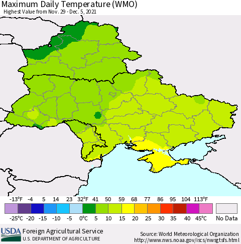 Ukraine, Moldova and Belarus Maximum Daily Temperature (WMO) Thematic Map For 11/29/2021 - 12/5/2021