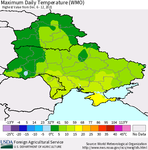 Ukraine, Moldova and Belarus Maximum Daily Temperature (WMO) Thematic Map For 12/6/2021 - 12/12/2021
