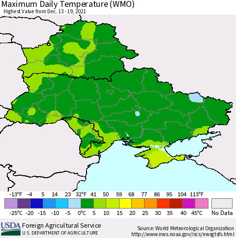 Ukraine, Moldova and Belarus Maximum Daily Temperature (WMO) Thematic Map For 12/13/2021 - 12/19/2021