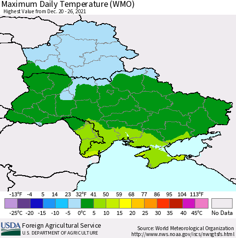 Ukraine, Moldova and Belarus Extreme Maximum Temperature (WMO) Thematic Map For 12/20/2021 - 12/26/2021