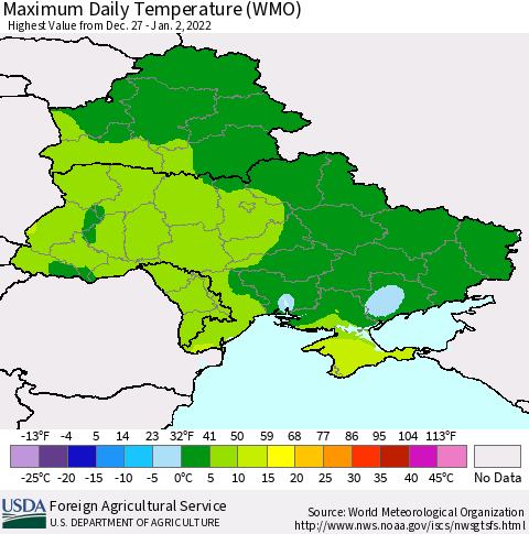 Ukraine, Moldova and Belarus Extreme Maximum Temperature (WMO) Thematic Map For 12/27/2021 - 1/2/2022