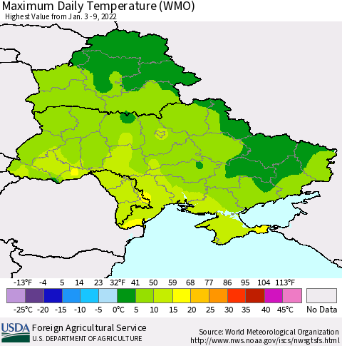 Ukraine, Moldova and Belarus Maximum Daily Temperature (WMO) Thematic Map For 1/3/2022 - 1/9/2022