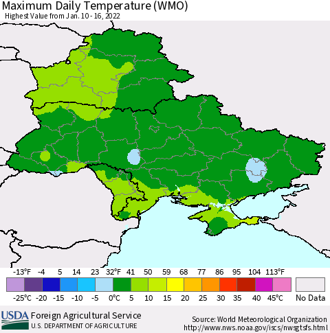 Ukraine, Moldova and Belarus Maximum Daily Temperature (WMO) Thematic Map For 1/10/2022 - 1/16/2022