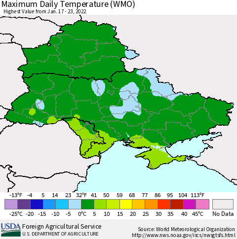 Ukraine, Moldova and Belarus Maximum Daily Temperature (WMO) Thematic Map For 1/17/2022 - 1/23/2022