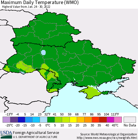 Ukraine, Moldova and Belarus Maximum Daily Temperature (WMO) Thematic Map For 1/24/2022 - 1/30/2022