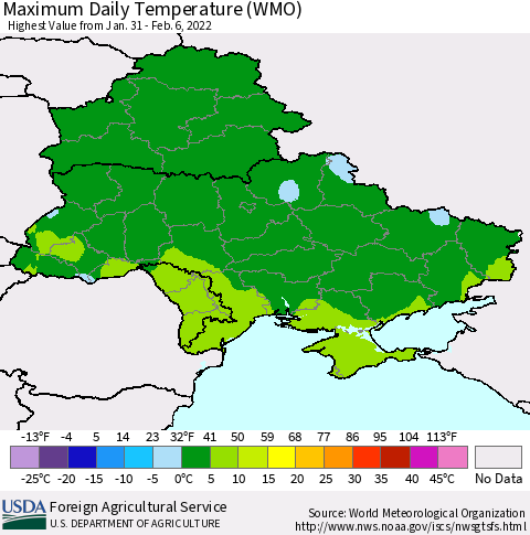 Ukraine, Moldova and Belarus Maximum Daily Temperature (WMO) Thematic Map For 1/31/2022 - 2/6/2022