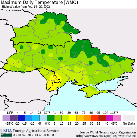 Ukraine, Moldova and Belarus Maximum Daily Temperature (WMO) Thematic Map For 2/14/2022 - 2/20/2022