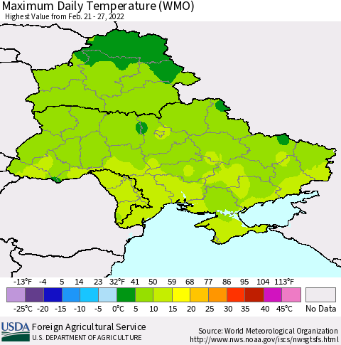 Ukraine, Moldova and Belarus Maximum Daily Temperature (WMO) Thematic Map For 2/21/2022 - 2/27/2022