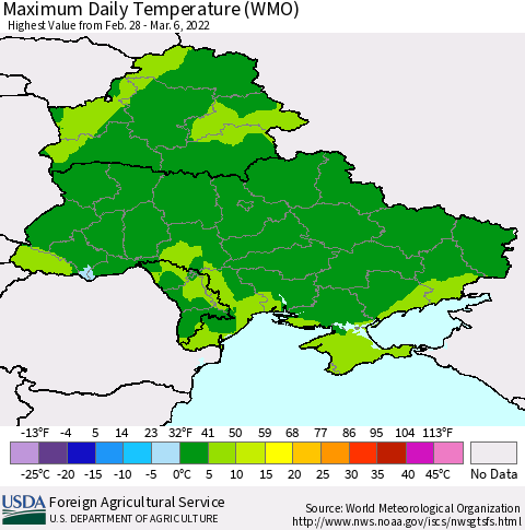 Ukraine, Moldova and Belarus Maximum Daily Temperature (WMO) Thematic Map For 2/28/2022 - 3/6/2022
