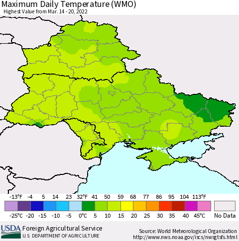 Ukraine, Moldova and Belarus Maximum Daily Temperature (WMO) Thematic Map For 3/14/2022 - 3/20/2022