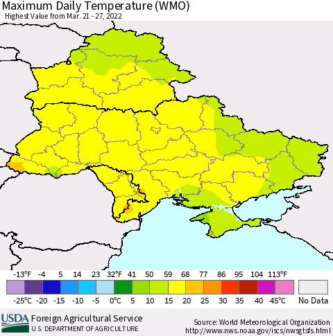 Ukraine, Moldova and Belarus Maximum Daily Temperature (WMO) Thematic Map For 3/21/2022 - 3/27/2022