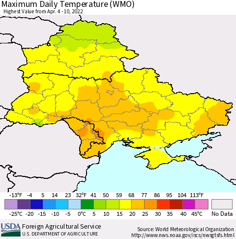 Ukraine, Moldova and Belarus Extreme Maximum Temperature (WMO) Thematic Map For 4/4/2022 - 4/10/2022