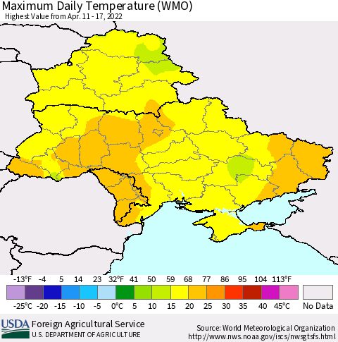 Ukraine, Moldova and Belarus Maximum Daily Temperature (WMO) Thematic Map For 4/11/2022 - 4/17/2022