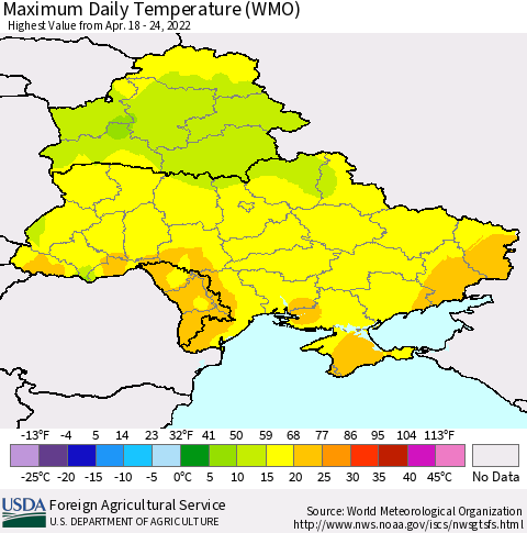 Ukraine, Moldova and Belarus Maximum Daily Temperature (WMO) Thematic Map For 4/18/2022 - 4/24/2022