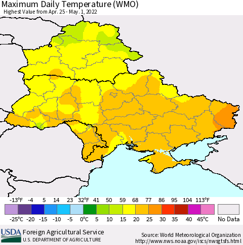 Ukraine, Moldova and Belarus Maximum Daily Temperature (WMO) Thematic Map For 4/25/2022 - 5/1/2022