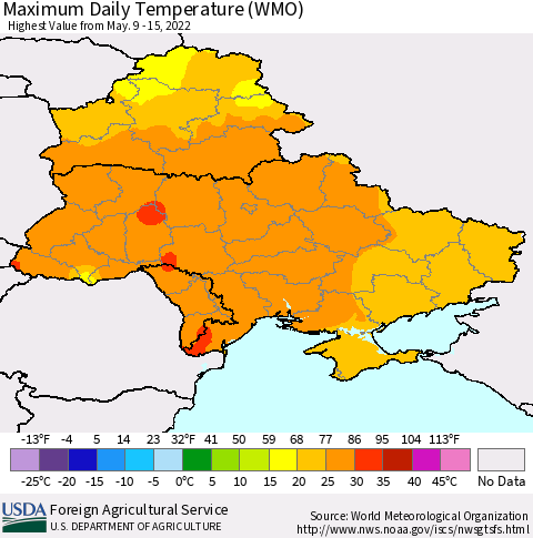 Ukraine, Moldova and Belarus Extreme Maximum Temperature (WMO) Thematic Map For 5/9/2022 - 5/15/2022